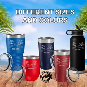 May include: Various insulated tumblers and a water bottle in blue, red, navy, and black, with silver rims. Each features a white graphic of ice skates and a heart, with the text "YOUR NAME". The image also displays the text "DIFFERENT SIZES AND COLORS".