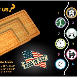 Puede incluir: Tres tablas de cortar de bamb&uacute; de diferentes tama&ntilde;os, con un dise&ntilde;o rectangular y color marr&oacute;n claro. La imagen incluye el texto "WHY CHOOSE US?" y "MADE IN USA."