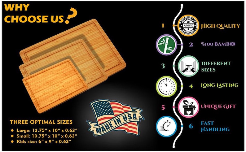 Puede incluir: Tres tablas de cortar de bamb&uacute; de diferentes tama&ntilde;os, con un dise&ntilde;o rectangular y color marr&oacute;n claro. La imagen incluye el texto "WHY CHOOSE US?" y "MADE IN USA."