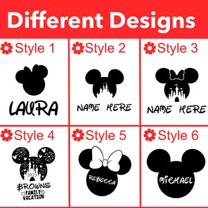 May include: Six different styles of Mickey Mouse and Minnie Mouse designs for personalized shirts or other crafts. The designs include a simple Mickey Mouse head, Mickey Mouse with a castle, Minnie Mouse with a castle, Mickey Mouse with fireworks and a castle, Minnie Mouse with a bow, and a simple Mickey Mouse head.