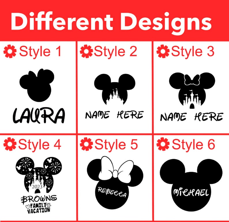May include: Six different styles of Mickey Mouse and Minnie Mouse designs for personalized shirts or other crafts. The designs include a simple Mickey Mouse head, Mickey Mouse with a castle, Minnie Mouse with a castle, Mickey Mouse with fireworks and a castle, Minnie Mouse with a bow, and a simple Mickey Mouse head.