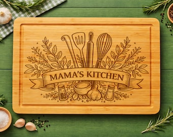 Mama's Kitchen Personalized Bamboo Cutting Board, Engraved Kitchen Decor, Mother's Day Gift, Customizable Bamboo Home Decor