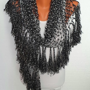Silver Beaded Black Lurex Crochet Shawl&Shrug Stole,Black Spider Web Boho Evening Occasion Party Accessory,Unique Gift,Black Lurex Hip Shawl