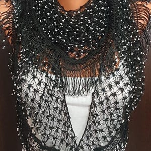 Black Silver Bead Embroidered Special Occasion Crochet Shawl,Black EveningWeddingOccasion Party Accessory,Unique Gift,Black Beaded Hip Shawl