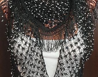 Black Silver Bead Embroidered Special Occasion Crochet Shawl,Black EveningWeddingOccasion Party Accessory,Unique Gift,Black Beaded Hip Shawl
