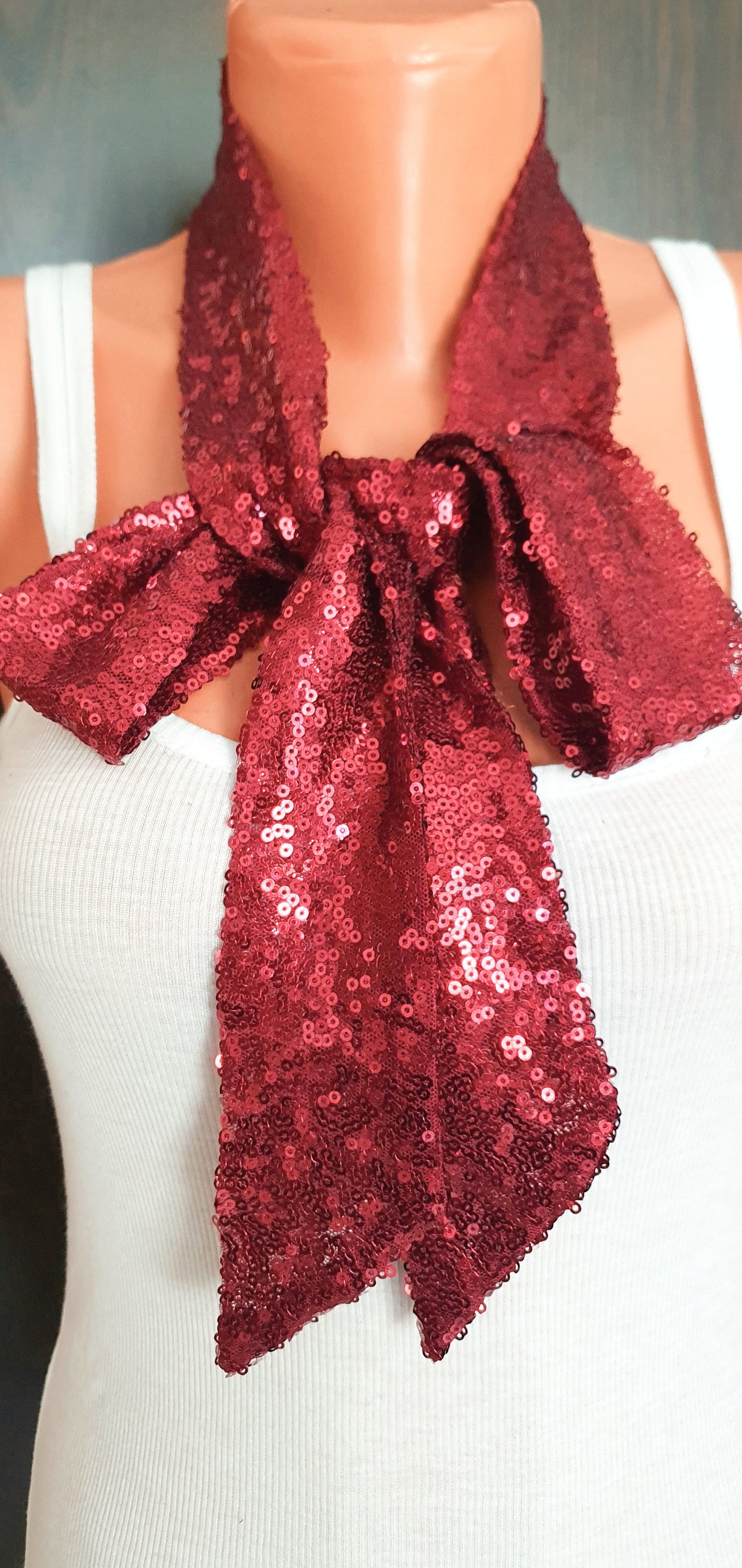 Burgundy Sequin Skinny Scarf Claret Red Sequin Scarf Maroon Sequin Necktie Bow Tie Sequin Narrow Scarf Glam Skinny Tie Sequin Accessory