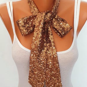 Skinny Sparkle Copper Brown Sequin Scarf,Narrow Sequin Necktie BowTie Scarf, Sequin Necktie,gift for her him scarf Glam Accessory
