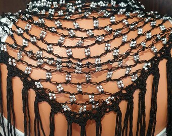 Black Silver Beaded Crochet Shawl,Black Crochet Evening Wrap Accessory, Elegant Neckpiece with Silver Beads