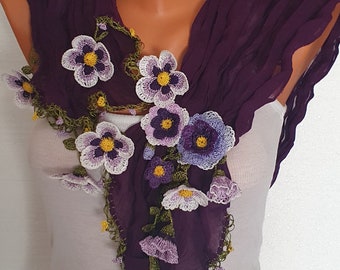 Bufanda de chal flaco bordado, bufanda bordada floral, chal púrpura, bufanda bordada berenjena púrpura, lariat bordado, regalo para ella