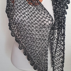 Black Silver Lurex Crochet Shawl&Shrug,WhiteBead Embroidered  Black SpiderEvening Occasion Party Accessory,Unique Gift,Black Lurex Hip Shawl