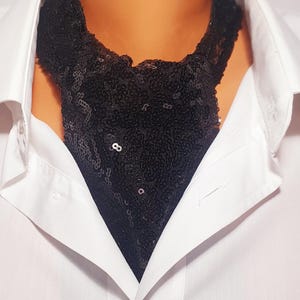 Black Sequin Skinny Ascot Scarf for Men Women,Statement Neck Scarf, Unisex Wedding Stage Performance Outfit,Glam Rock Party Neckwear