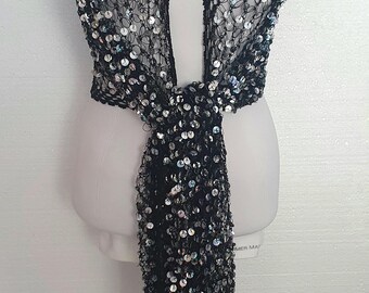 Silver Sequin Black Lurex Crochet Shawl&Shrug Stole,Black Spider Web Boho Evening Occasion Party Accessory,Unique Gift,Black Lurex Hip Shawl