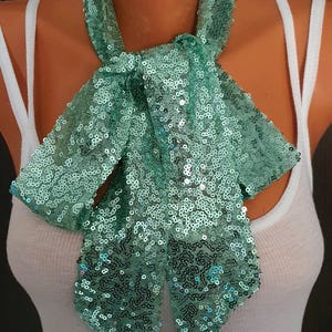 May include: A green sequined bow tie. The bow tie is made of small, iridescent sequins and is tied in a classic bow shape.
