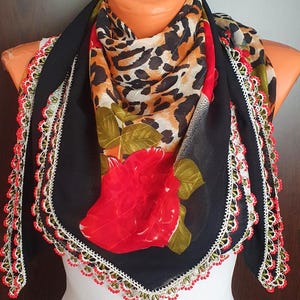 Red Flower Leopard Crochet Lace Scarf,Elegant Bead Embroidered Leopard Accessory,Bead Embroidered Ethnic Scarf BoncukOya Scarf Leopard Shawl