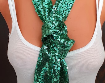 Lucky Green Sequin Scarf,SequinSheen Necktie,Bow Scarf Sash Sparkle Green Sequin Narrow Scarf, Sequin Necktie, Glam Skinny Sequin Accessory
