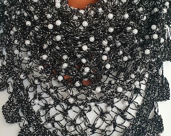 Black Beaded Silver Lurex Crochet Shawl&Shrug ,Unique shawl gift, Evening Occasion Party Accessory,Black Lurex Hip Shawl