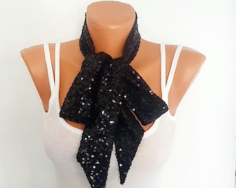Black Skinny Sequin Scarf,Thin Narrow Sequin Bow Necktie Belt ,Black Sequin Sash,Black Sheen Shinny Foulard Glam Skinny Tie Sequin Accessory