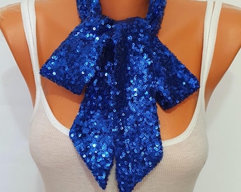 Sciarpa sottile con paillettes blu, laccio con fiocco scintillante