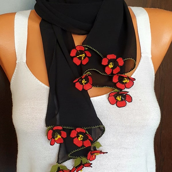 Gift For Her Mother Women's Day Black Scarf With Red Corn Poppy,Neck Scarf Kerchief  With Red Needlelace Flower Embroidery,Flowery NeckWrap