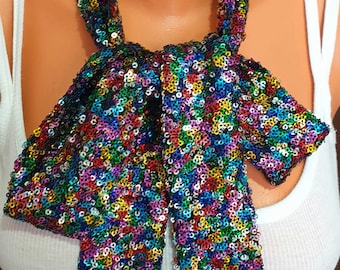 Rainbow Sequins Skinny Long Sash Tie Necklace Choker Belt - Etsy