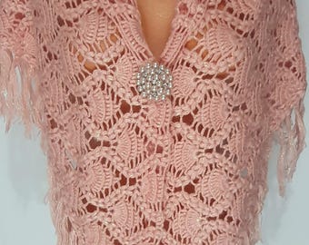 Dusty Rose Crochet Shawl,Sparkle Fringe Knit Wrap,Blush Pink Wedding Shawl Wrap,Boho Knit HeatherTriangle Shawl, Vintage Style Fringed  Wrap