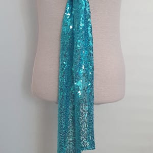 May include: A turquoise sequined scarf with a long, flowing design. The scarf is tied in a loose knot around the neck.