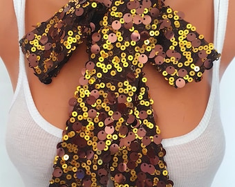 Sciarpa sottile con paillettes giallo-marrone, cravatta lariat iridescente