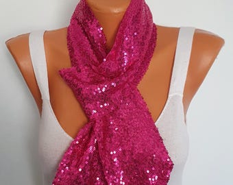 Sciarpa rosa scuro con paillettes, sciarpa rosa acceso scintillante, sciarpa sottile rosa caramella, sciarpa da festival, sciarpa da festa rosa acceso glamour anni 2000, regalo per lei