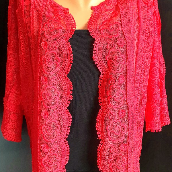 Cadeau pour sa mère, fête des femmes, cardigan veste en dentelle guipure rouge, veste de cérémonie rouge, veste cardigan en dentelle brodée rouge, cadeau pour elle