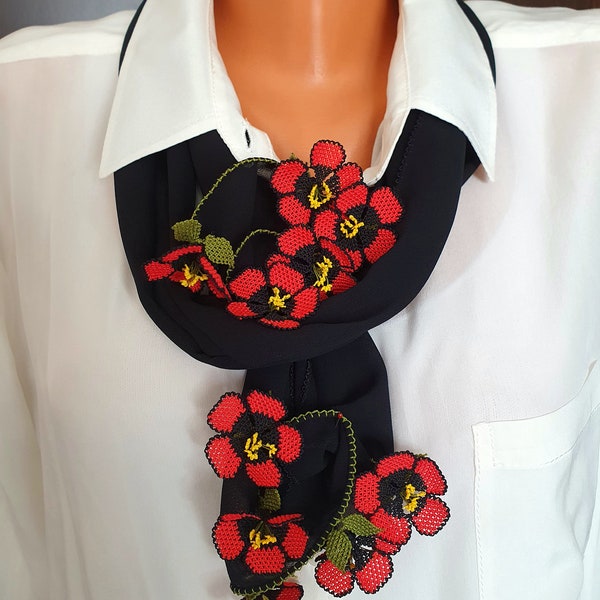 Gift For Her Mother Women's Day Black Scarf With Red Corn Poppy,Neck Scarf Kerchief  With Red Needlelace Flower Embroidery,Flowery NeckWrap