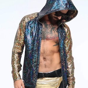 Men&#39;s Holographic Hoodie in 13 Shades, Shiny Streetwear For Men, Festival Gear For Guys, Men&#39;s, Unique Gift for Him