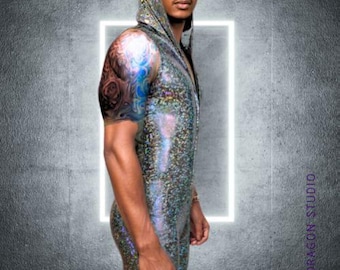 Strider Men&#39;s Holographic Sleeveless Jumpsuit in 13 Colors, Rave Wear for Guys, Festival Men, Clubwear for Him, Disco Outfits, Hero Costume