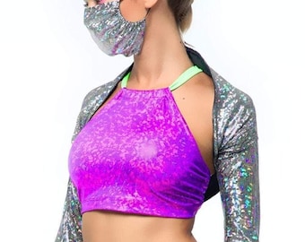 Holographic Halter Top - Colorful Criss-Cross Back Festival Top, 20+ Colors
