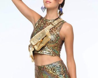 Metallic Gold Double Pocket Leather Festival Belt