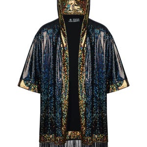 Holographic Hooded Rave Kimono with Fringe, Customizable Colorful Robe For Festival Wear Performer Stagewear Kaftan, Men's Festival Gear