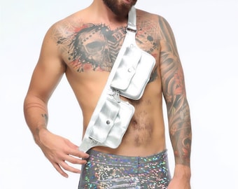 Holographic Double Pocket Leather Festival Belt