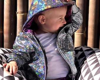Kids Holographic Hoodie - Zip Front Festival Hoodie for Children, 20+ Colors