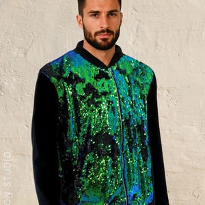 Men's Flip Sequin Bomber Jacket - Color Changing, Velvet Sleeves