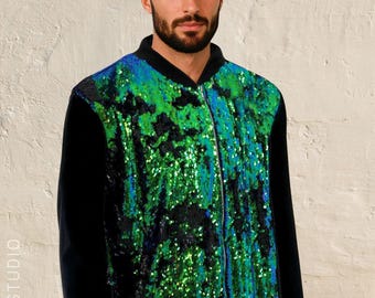 Men's Flip Sequin Bomber Jacket - Color Changing, Velvet Sleeves