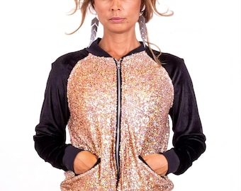 Rose Gold Sequin Bomber Jacket - Velvet Contrast, Party Wear