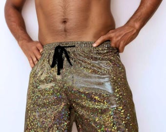 Pantalones cortos holográficos de última generación para festivales: más de 25 colores, bolsillos con cremallera.
