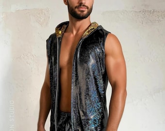 Mens Holographic Sleeveless Hoodie | 25+ Colors