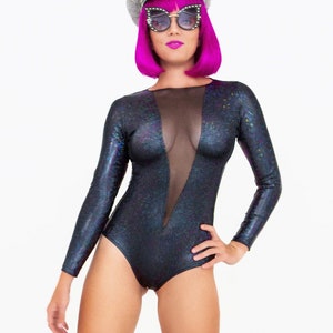 Holographic Mesh-Front Long Sleeve Bodysuit | 13 Colors