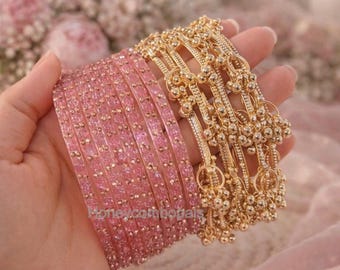 Pink Kashmiri Ghungroo Bangles Set | Gold Tone Glass Bridal Churiya
