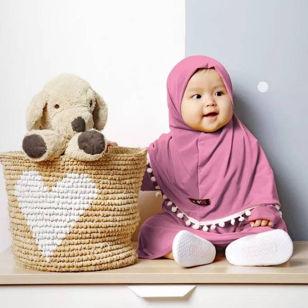 Hijab bébé pompon ensembles hijab et robe naissance à 12 mois vieux rose