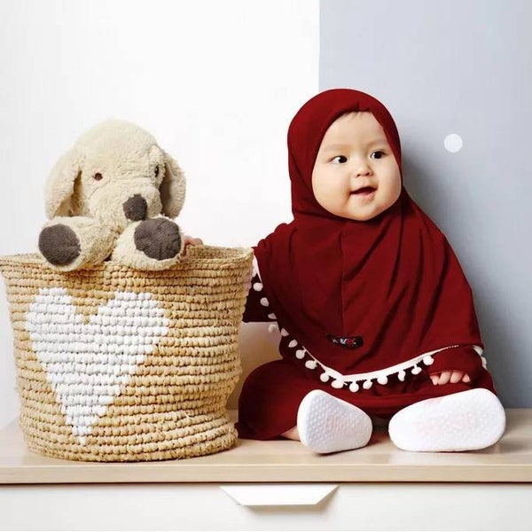 Hijab bébé pompon ensembles hijab et robe naissance à 12 mois bordeaux