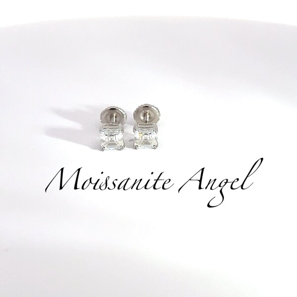 Moissanite Earrings Studs Asscher Cut screw backs  2 TCW