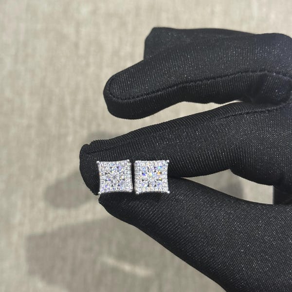 100% Authentic Silver Moissanite stud earrings square 9mm cluster set style, VVS1 clarity, Diamond tester Approved.