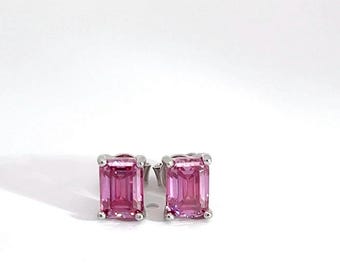 100% Authentic Pink moissanite stud earrings emerald cut 2CTW, VVS1 clarity, Diamond tester Approved.
