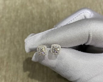 100% Authentic Stunning halo Moissanite stud earrings square  brillant cut style 925 silver, VVS1 clarity, Diamond tester Approved.